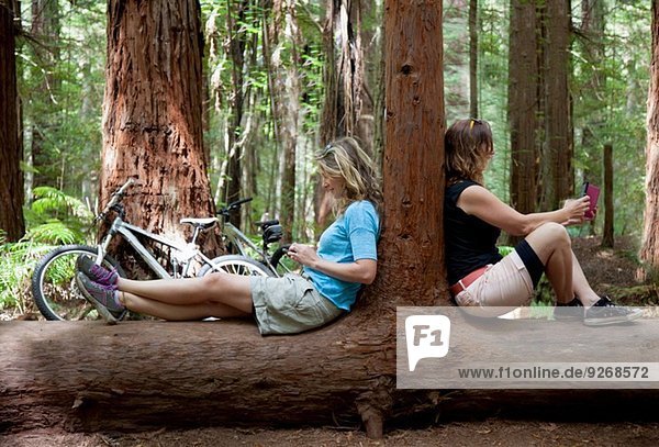 Zwei erwachsene Frauen  die auf Smartphone und digitales Tablett im Wald blicken