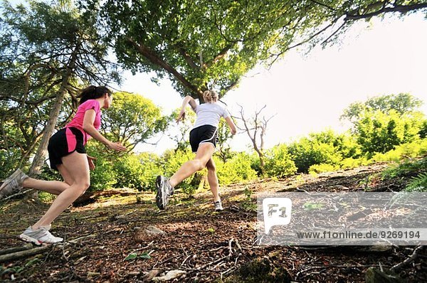 Zwei junge Läuferinnen  die den Waldweg hinaufrennen.