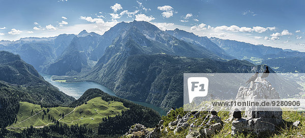 Ausblick auf den Königssee und Watzmann vom Jenner,  Nationalpark Berchtesgaden,  Berchtesgadener Land,  Oberbayern,  Bayern,  Deutschland