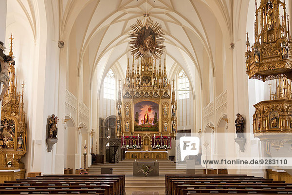 Innenraum und Altar der Stadtpfarrkirche Mariä Himmelfahrt  Bad Tölz  Oberbayern  Bayern  Deutschland