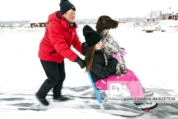 Mother pushing sledge with girl and dog
