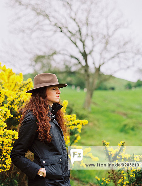 Eine Frau mit langen lockigen Haaren  die einen Hut trägt  an einem blühenden Ginsterbusch.