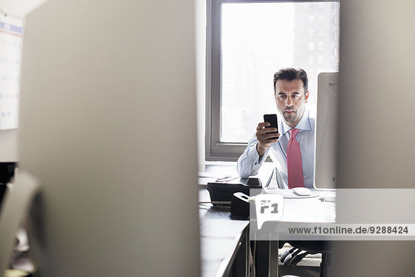 A man checking his smart phone  seated at his office desk.