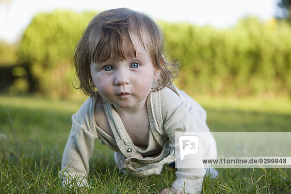 Baby girl crawling in grass  looking at camera