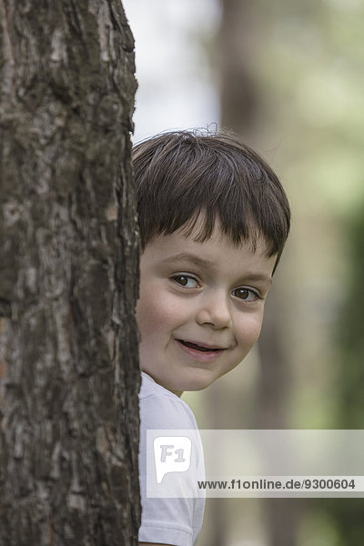 Süßer Junge versteckt sich hinter Baumstamm im Park
