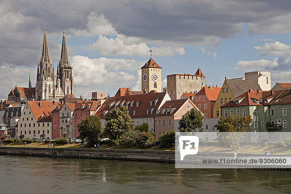 Cityscape with the Danube  historic centre  the clock tower of the Old Town Hall and Regensburg Cathedral  Regensburg  Bavaria  Germany