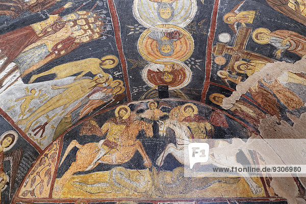 Dragon fighters  frescoes in the upper church  St. John's Church or Kar?? Kilise  cave church  Gül?ehir  Nev?ehir Province  Cappadocia  Central Anatolia Region  Anatolia  Turkey
