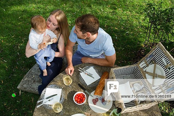 Overhead view of mid adult couple and baby daughter sitting at picnic table in garden