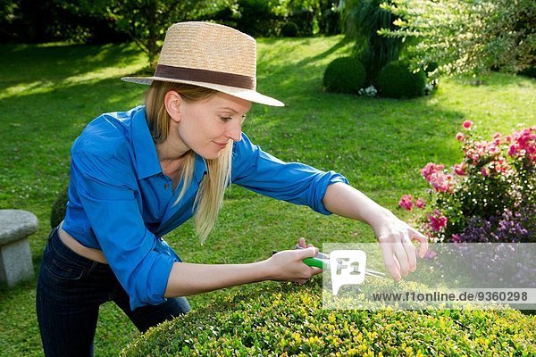 Mittlere erwachsene Frau schneidet perfekte Hecke im Garten