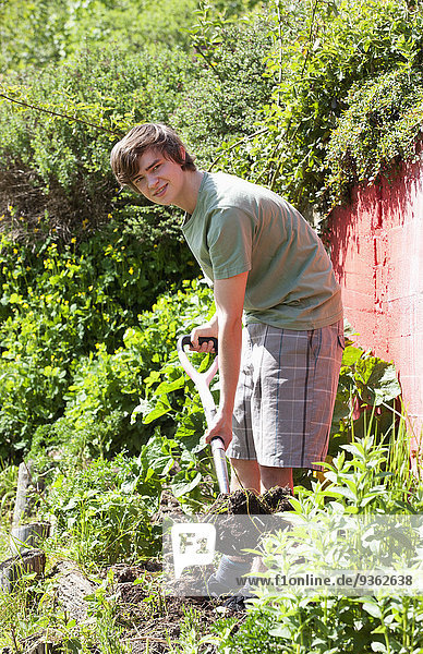 Portrait of a young man digging bed in a garden