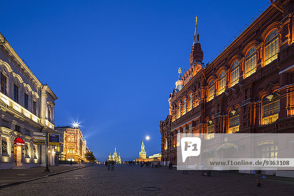 Russia  Central Russia  Moscow  Red Square  Kremlin wall  Saint Basil's Cathedral  Spasskaya Tower  State Historical Museum  Nikolskaya Tower and GUM department store at night
