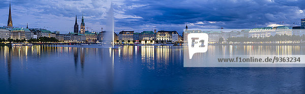 Germany  Hamburg  Inner Alster and Alster fountain in the evening  Panorama