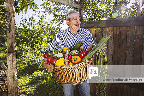 Deutschland  Nordrhein-Westfalen  Bornheim  Senior Mann mit Gemüsekorb