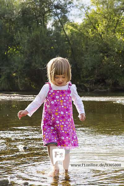 Kleines Mädchen  das am Flussufer im Wasser spazieren geht.