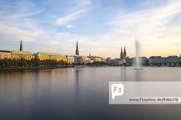 Germany  Hamburg  Inner Alster and Alster fountain in the evening light