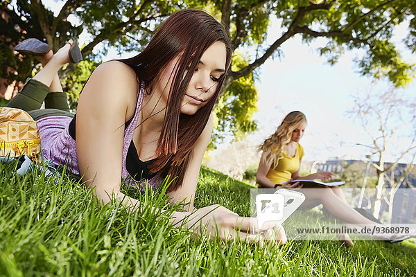 Handy benutzen Europäer Gras Mädchen