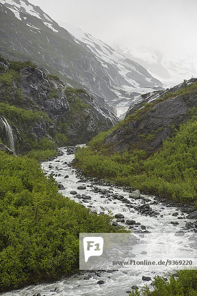 Berg bedecken Felsen Vereinigte Staaten von Amerika USA fließen Fluss Denali Nationalpark Alaska Anchorage Schnee