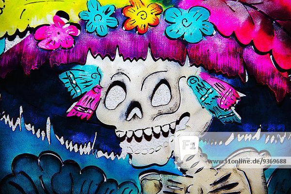 Close up of multicolor skeleton graffiti art