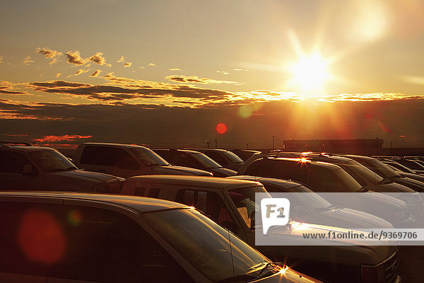 Sunset over cars in parking lot
