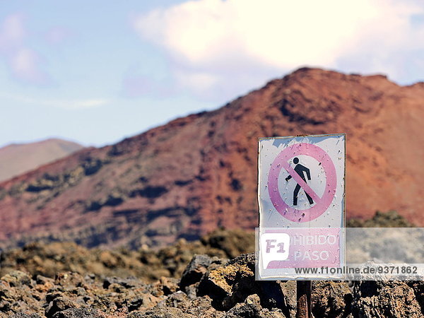 Field of lava and keep off sign  near Los Hervideros  Lanzarote  Canaries  Spain  Europe