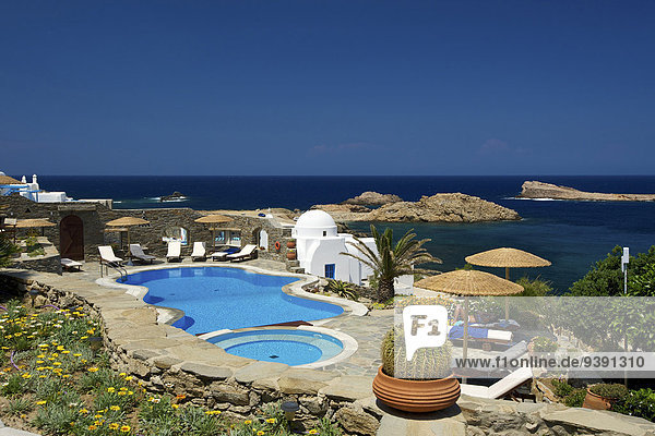 Greece Europe Cyclades island isle islands Greek outside Mediterranean Sea day nobody Mykonos hotel Thea Agios Sostis hotel pool pool hotel tourism swimming pool touristical