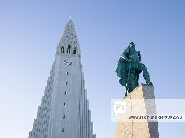 Reykjavik Hauptstadt Europa Winter Monument Kirche Statue Insel Entdeckung Seefahrer Island Nordeuropa