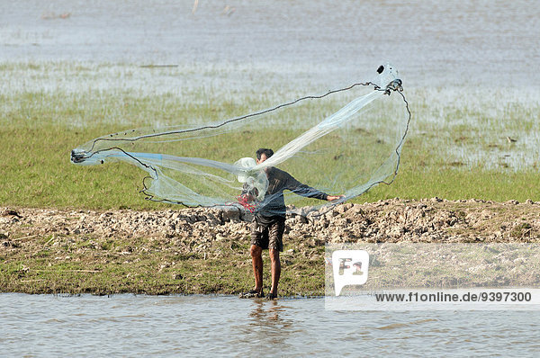 Sonnenaufgang See Netz angeln Asien Fischer Thailand