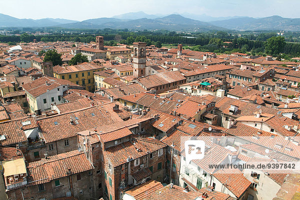 antique  bell  building  church  clear  exterior  historic  horizontal  houses  Italian  Italy  Lucca  old  orange  overview  religion  roofs  rooftops  sky  tower  town  Tuscan  Tuscany  village  window