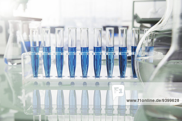 Reagenzglasständer mit Lösung auf der Theke im Labor