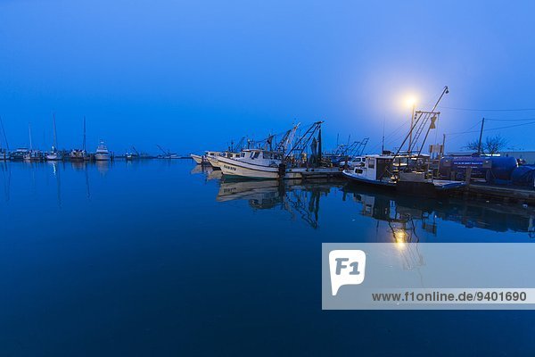 Fishing boats parked pre-dawn along the Texas coast.