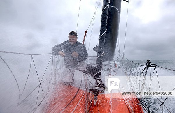 Onboard the IMOCA Racing Hugo Boss during a training session before the Vendee Globe in the English Channel.