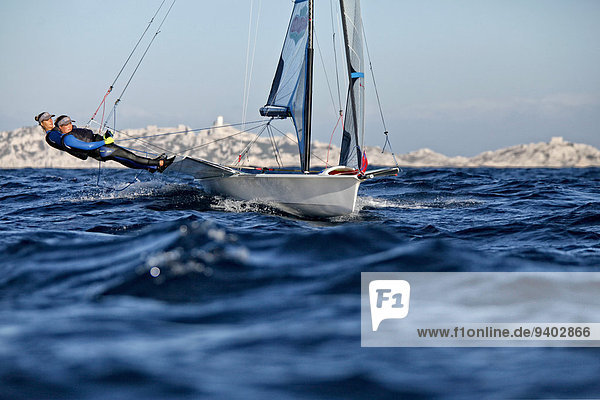 49erFX pair Sarah Steyaert and Julie Bossard training during a sunny and windy day in Marseille  France.