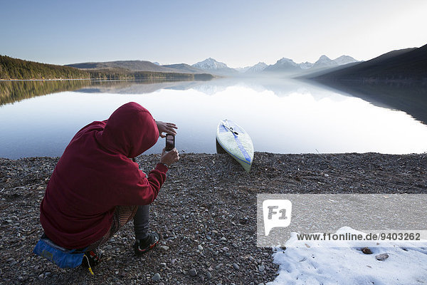 hoch oben Nationalpark einsteigen Mann Fotografie nehmen Ruhe See Paddel