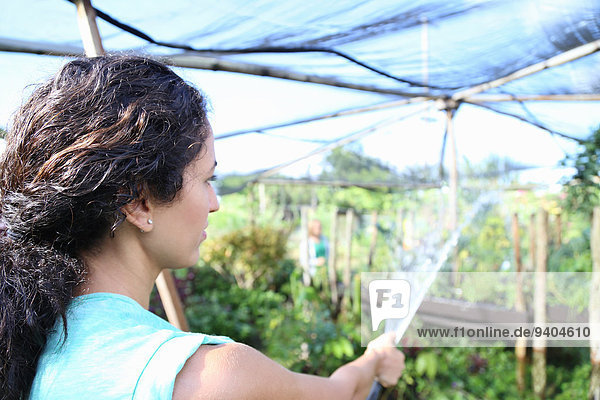 Frau bewässert Pflanzen im Gewächshaus mit Gartenschlauch