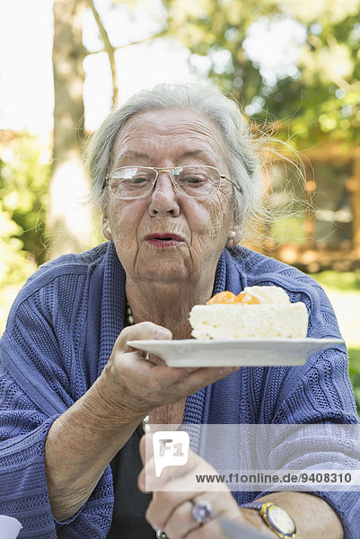 Portrait Sommer Großmutter Garten Kuchen