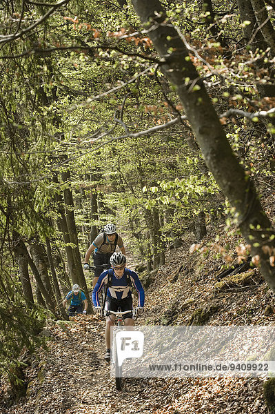 Young men mountainbiking in forest