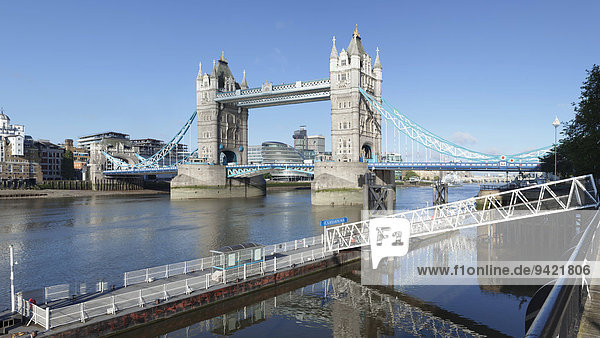 View from St. Katherine Pier across Tower Bridge to City Hall  London  England  United Kingdom