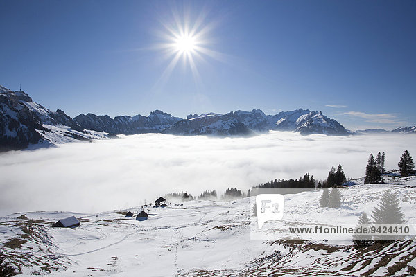 Blick auf den Alpstein mit Säntis und Alm im Schnee  Wolkendecke  Alpstein  Schweizer Alpen  Schweiz  Europa
