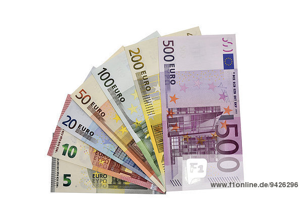 Euro Banknoten  Fächer mit neuem 5 Euro Schein und 10 Euro Schein  2014  sowie 20 Euro 50 Euro  100 Euro  200 Euro  500 Euro
