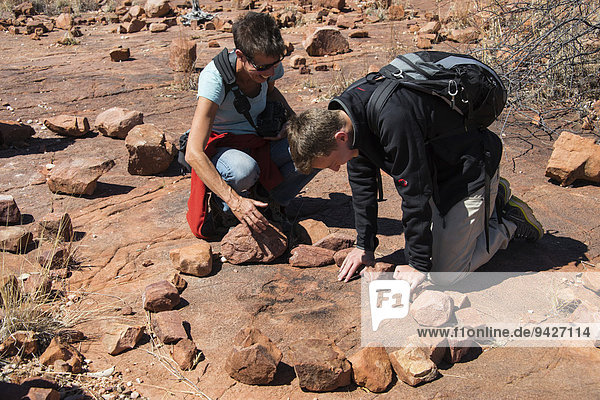 Zwei Touristen schauen nach versteinerten Dinosaurier Fußabdrücken  Kalkfeld  Otjozondjupa  Namibia