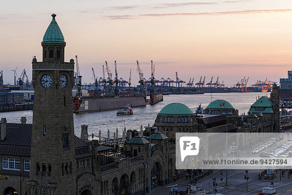 Historic Clock Tower and Hamburg Harbour at sunset  St Pauli  Hamburg  Germany