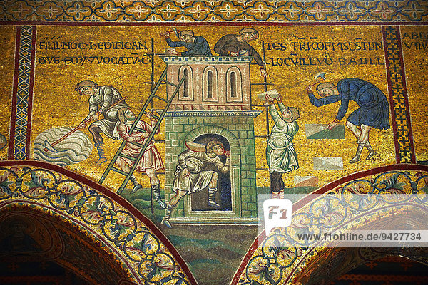 Byzantinischen Mosaiken des Turmbaus zu Babel in der Kathedrale von Monreale  Palermo  Sizilien  Italien