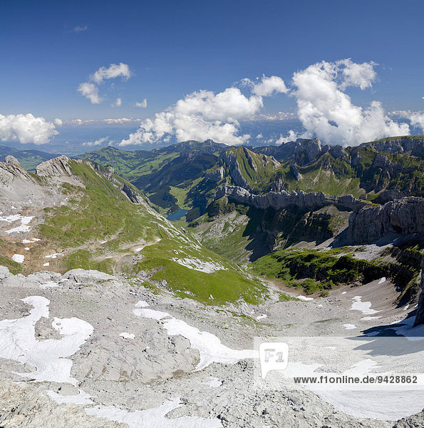 View from Saentis Mountain towards the Alpstein range and Lake Seealpsee  Appenzell  Switzerland  Alps  Europe