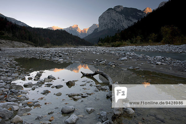 Evening scene in the Karwendel mountain range near the Ahornboden alp Austria Europe