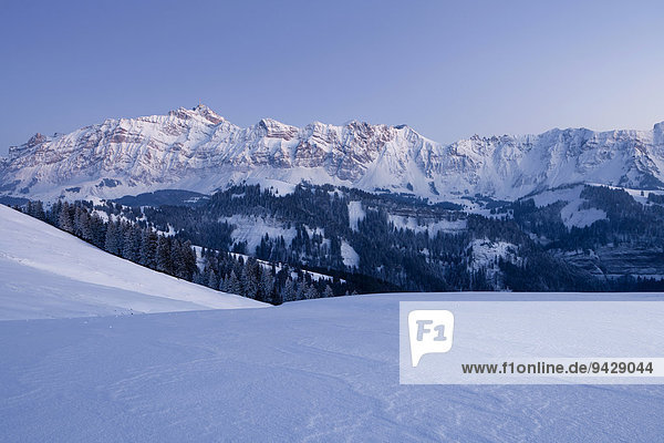 Evening mood on the wintery Hochalp mountain pasture  in the Swiss Alps  Alpstein range with Mt. Saentis  Switzerland  Europe