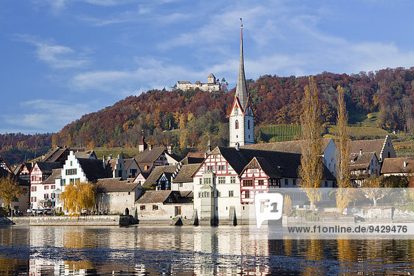 Herbst am Rhein mit Schloss und Kirche von Stein am Rhein  Schweiz  Europa  ÖffentlicherGrund