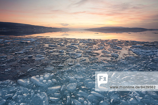 Eis am Bodensee bei Sonnenuntergang an einem Winterabend an der Sandseele der Insel Reichenau Baden-Württemberg Deutschland Europa ÖffentlicherGrund
