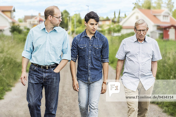 Drei Generationen von Männern  die zusammen auf einem Wanderweg gehen.