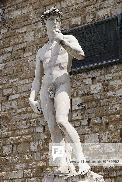 Statue David von Michelangelo vor dem Palazzo Vecchio auf der Piazza della Signoria  Florenz  Toskana  Italien  Europa
