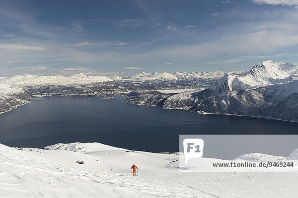 Ascent to the ski Langlitinden  Island Andørja  Troms  Norway  Europe